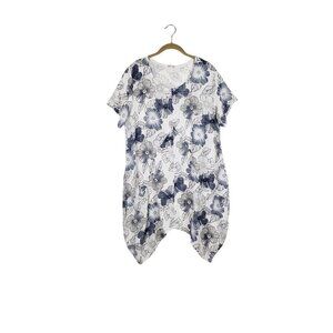 Made in Italy Gauze Tunic Top Blue White Floral Cotton Lagenlook Womens Size M/L